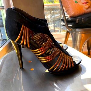 Dark navy and copper suede heels - approx 4” heel